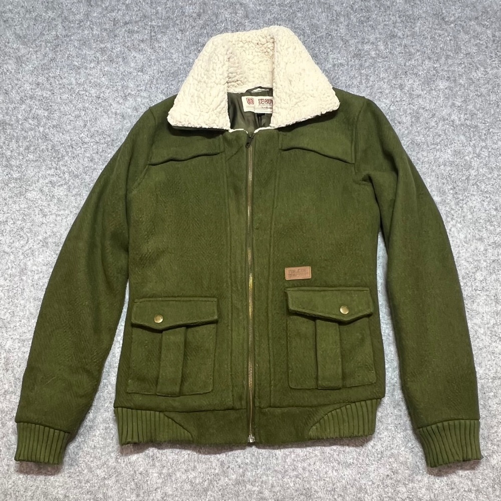 Volcom Scout Stealth Bomber Jacket Olive Green Sherpa Collar Wool Blend Women M
